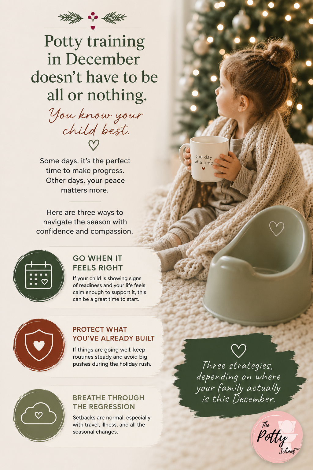 girl in front of Christmas tree, text says: Potty training in December doesn't have to be all or nothing."