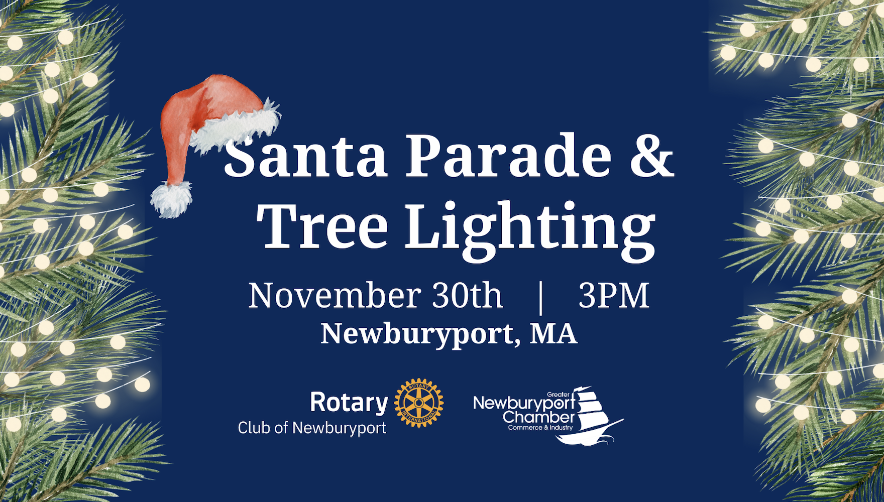 Newburyport's Santa Parade & Tree Lighting: Santa and Mrs. Claus dock at the boardwalk, parade through downtown Newburyport and gather in Market Square for the annual Christmas tree lighting and carols.