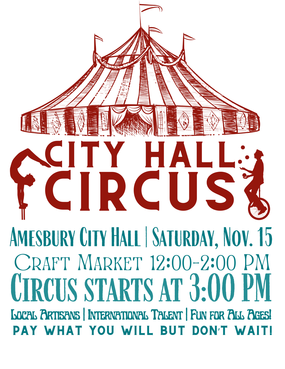 Amesbury City Hall Circus! Featuring gravity-defying performances by internationally celebrated circus performers, a craft fair and fun for all ages, in neighboring Amesbury