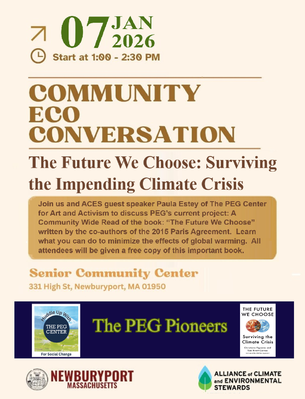 Community Eco Conversation based on the book "The Future We Choose" by Christiana Figueres and Tom Rivett-Carnac -- all are welcome! At the Newburyport Senior Center