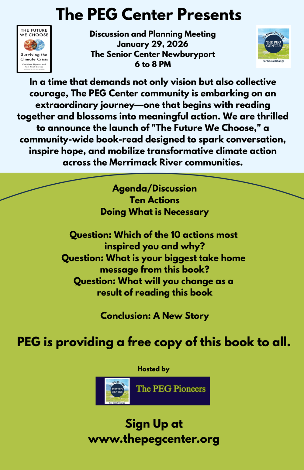 Community-wide book read discussion & planning meeting for "The Future We Choose: A Stubborn Optimist’s Guide to Climate Change", at the Senior Center