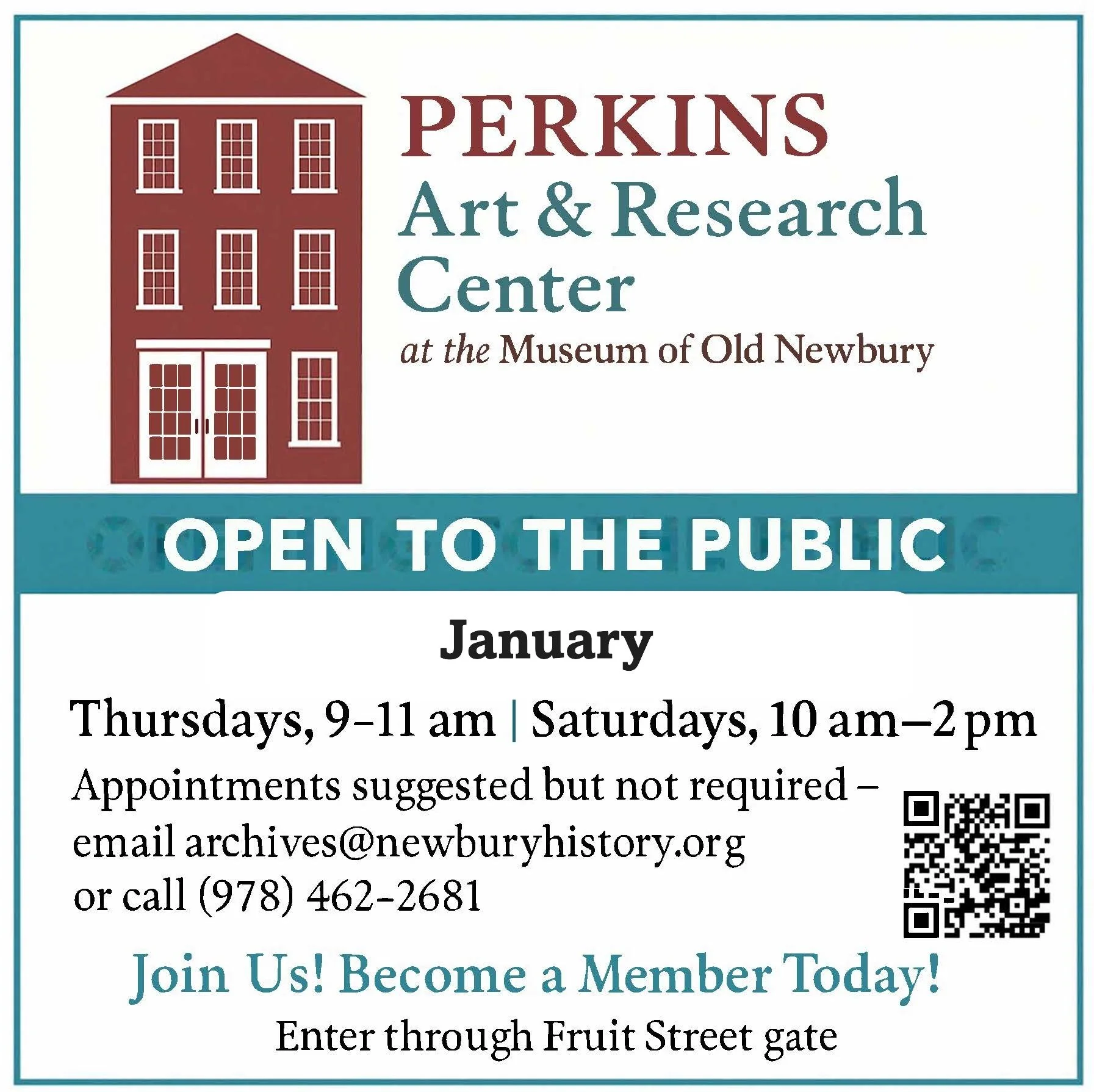 Perkins Art & Research Center at Museum of Old Newbury: Open Thursdays and Saturdays in January