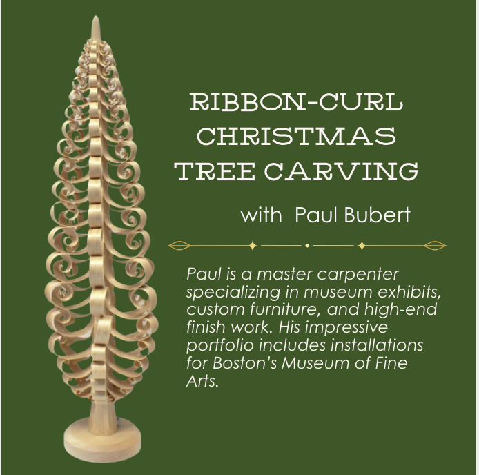 Ribbon-Curl Christmas Tree Carving -- Learn to carve an elegant ribbon-curl Christmas tree from basswood using traditional hand tools -- No previous carving experience required!