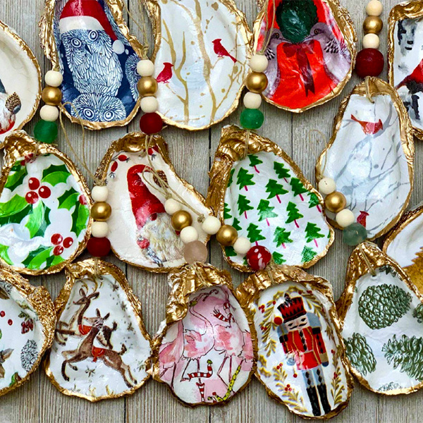 Decoupage Oyster Shell Art: WAITLIST Led by Johanna Hall, No prior experience is needed—just bring your creativity and holiday cheer! All materials are provided, including oyster shells, decorative paper, glue, brushes, and sealant. (Nock Middle School)