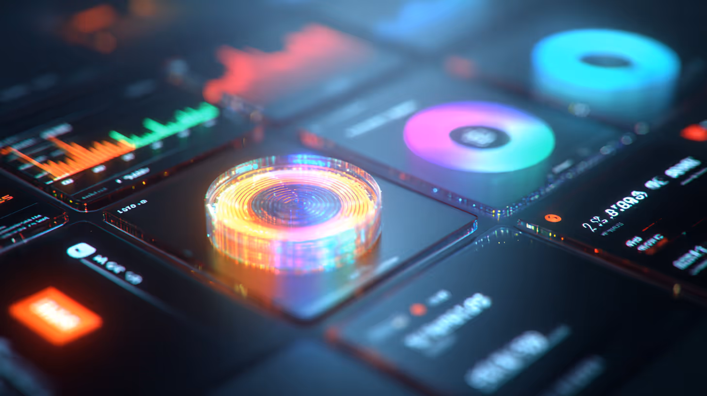 Close-up of a glowing digital cryptocurrency coin on a futuristic data dashboard with colorful charts and graphs.