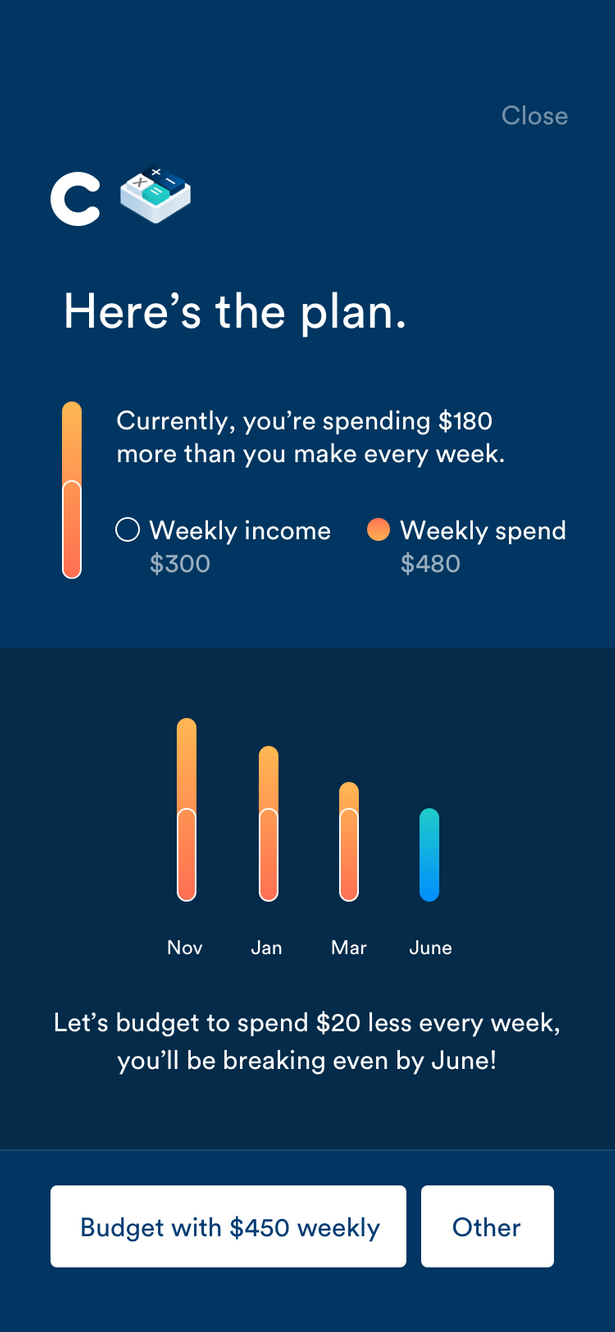 An iteration of showing a use how they're overspending, but how they can meet in the middle with their income