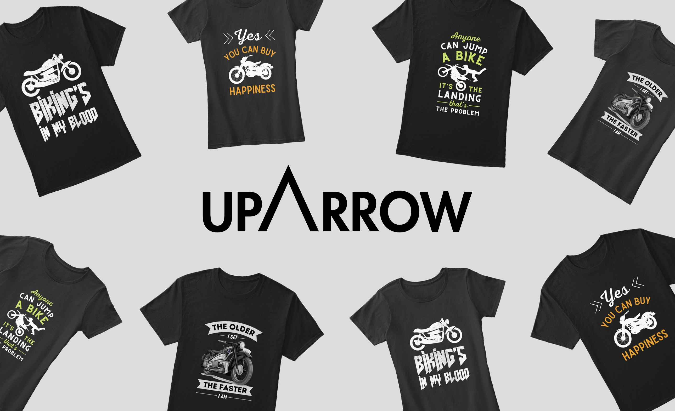 Motorcycle-themed T-shirts surrounding the UpArrow logo. Click image to view project page.