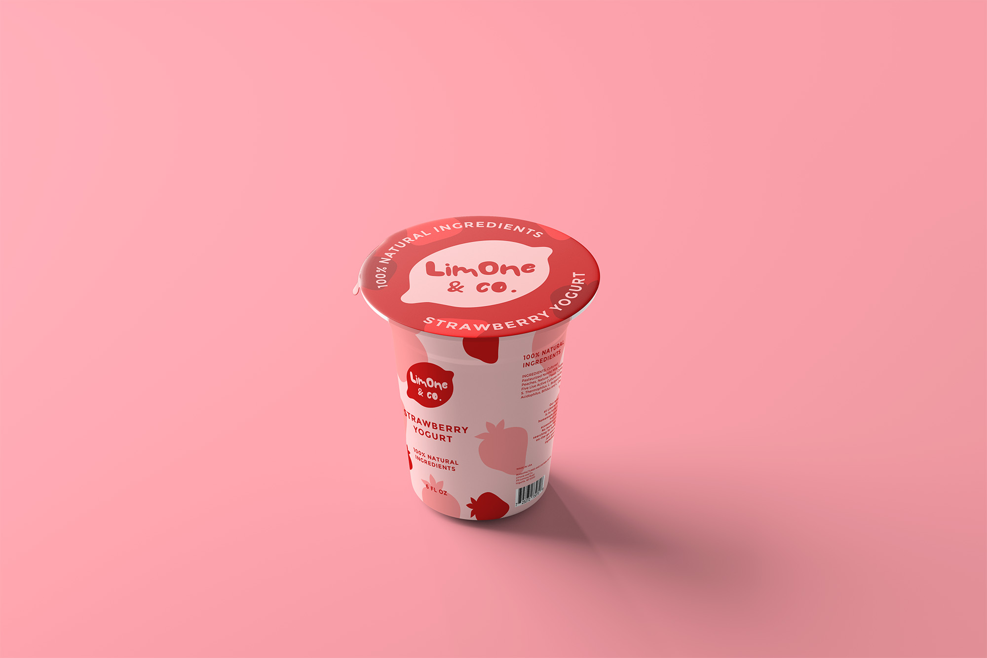 Yogurt cup packaging design - strawberry flavor version on on a simple light red background