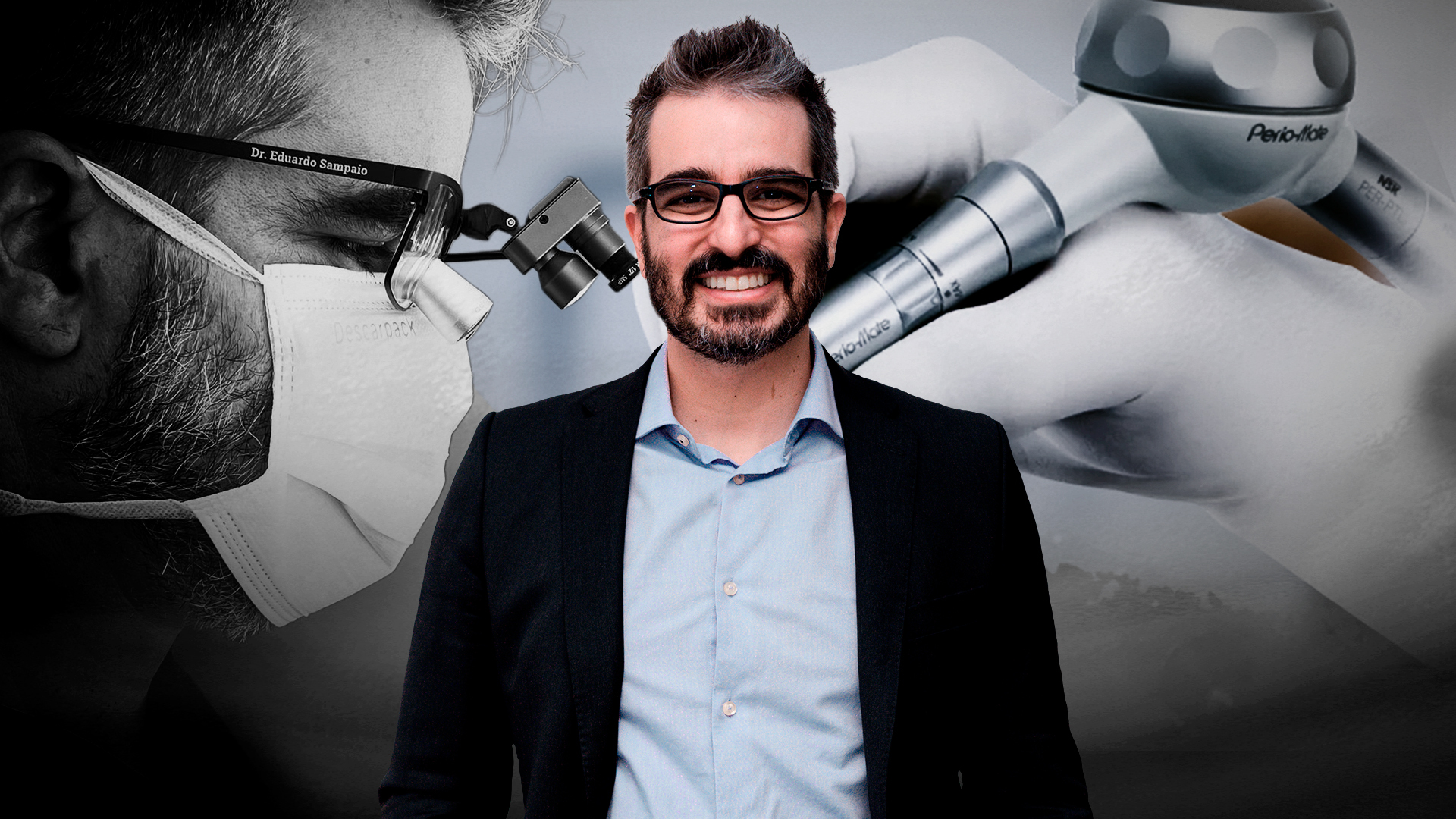 Close-up of dental procedure with a rotary tool cleaning a molar tooth, next to a video inset of a man using sign language.