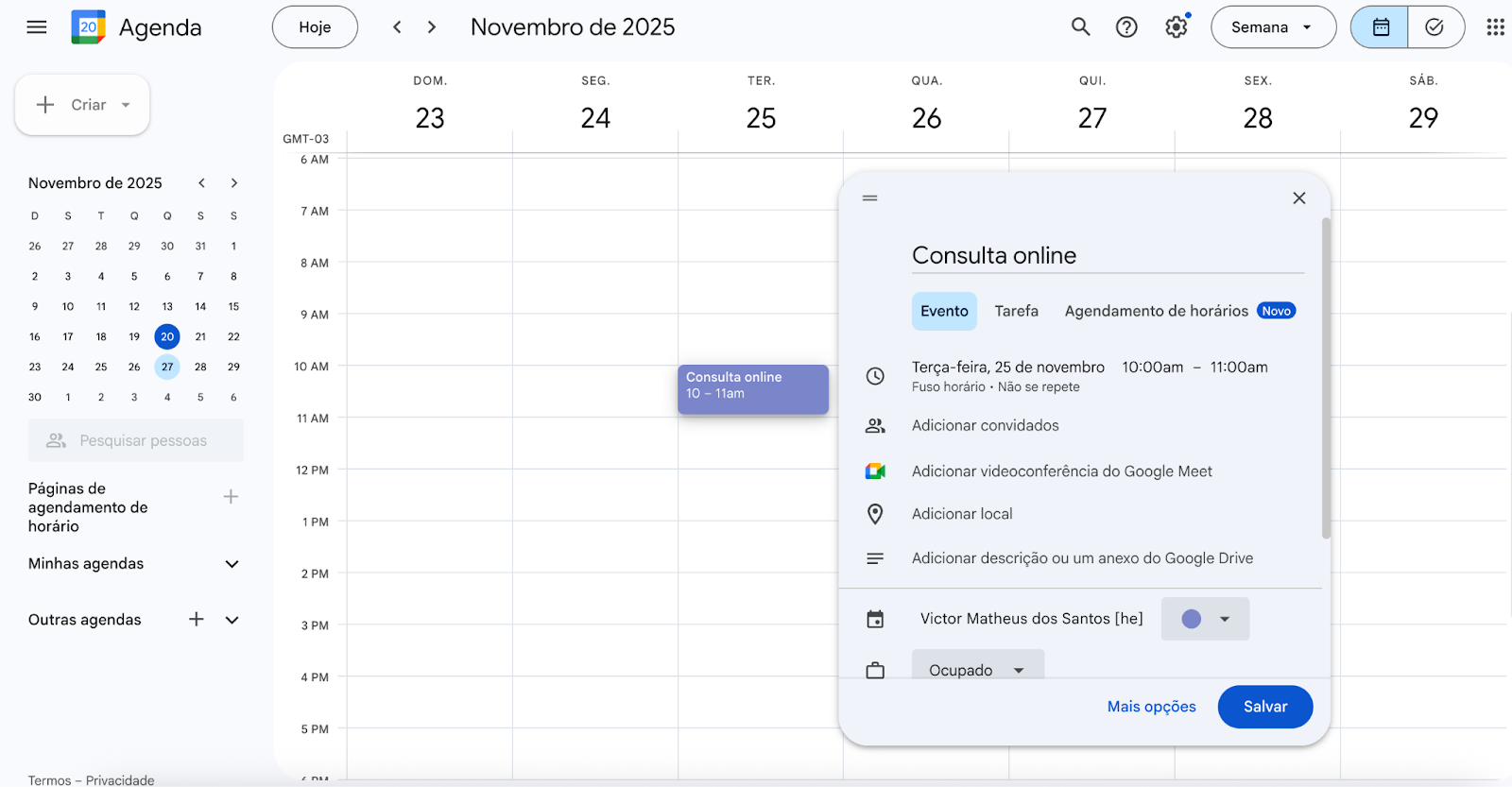 Interface do Google Meet, com agendamento online de consulta sendo realizado.