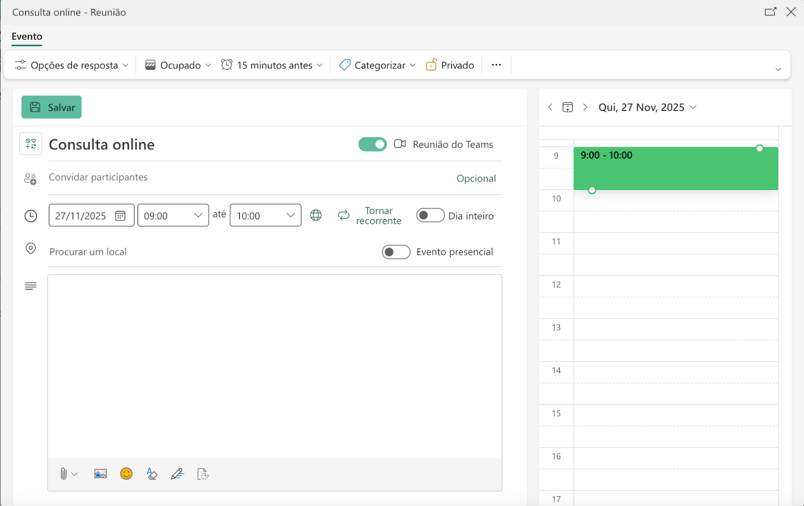 Aba para configuração do agendamento online no Microsoft Calendar.