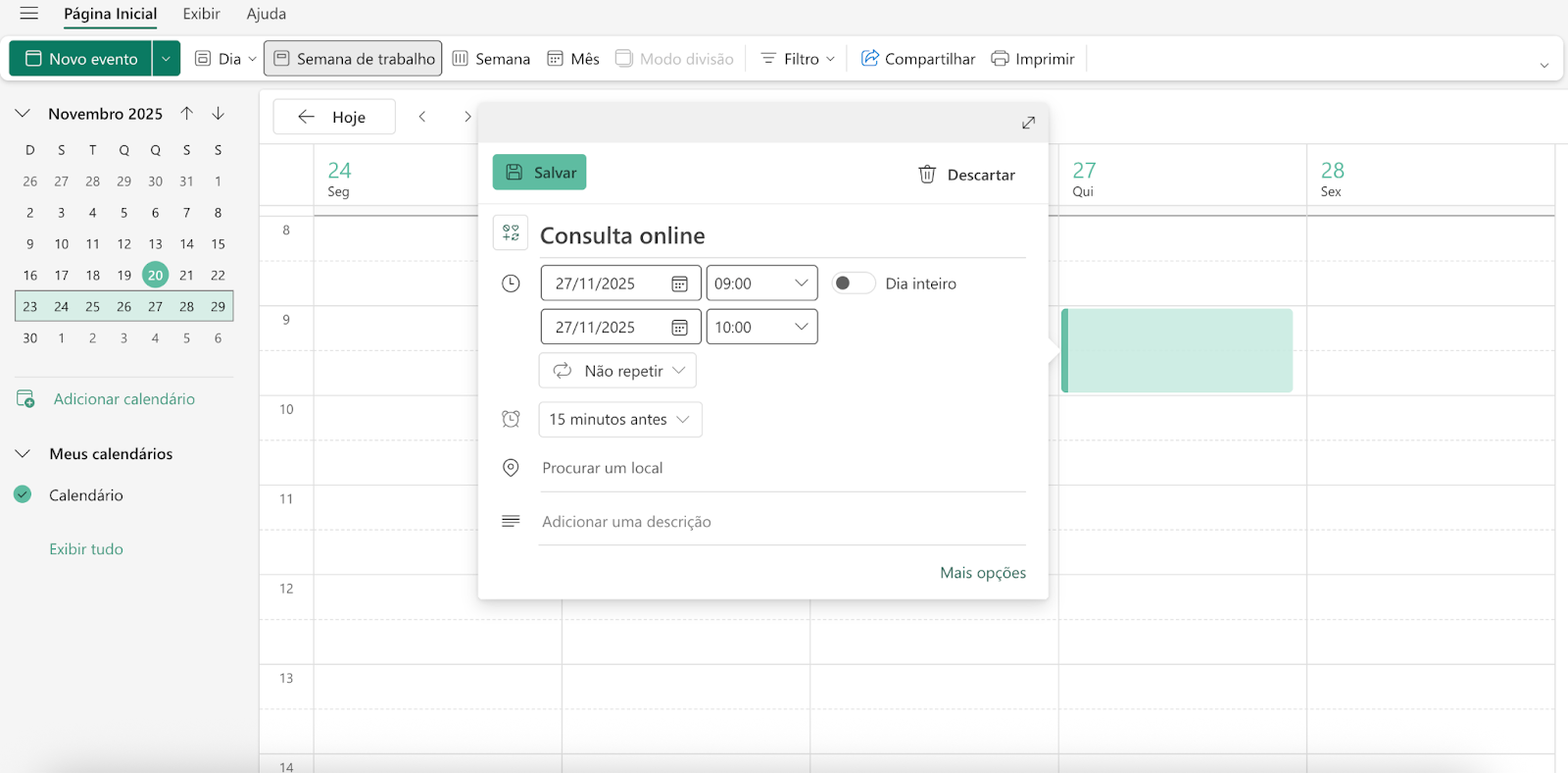 Interface do Microsoft Calendar, ferramenta para realização de agendamento de consulta online.