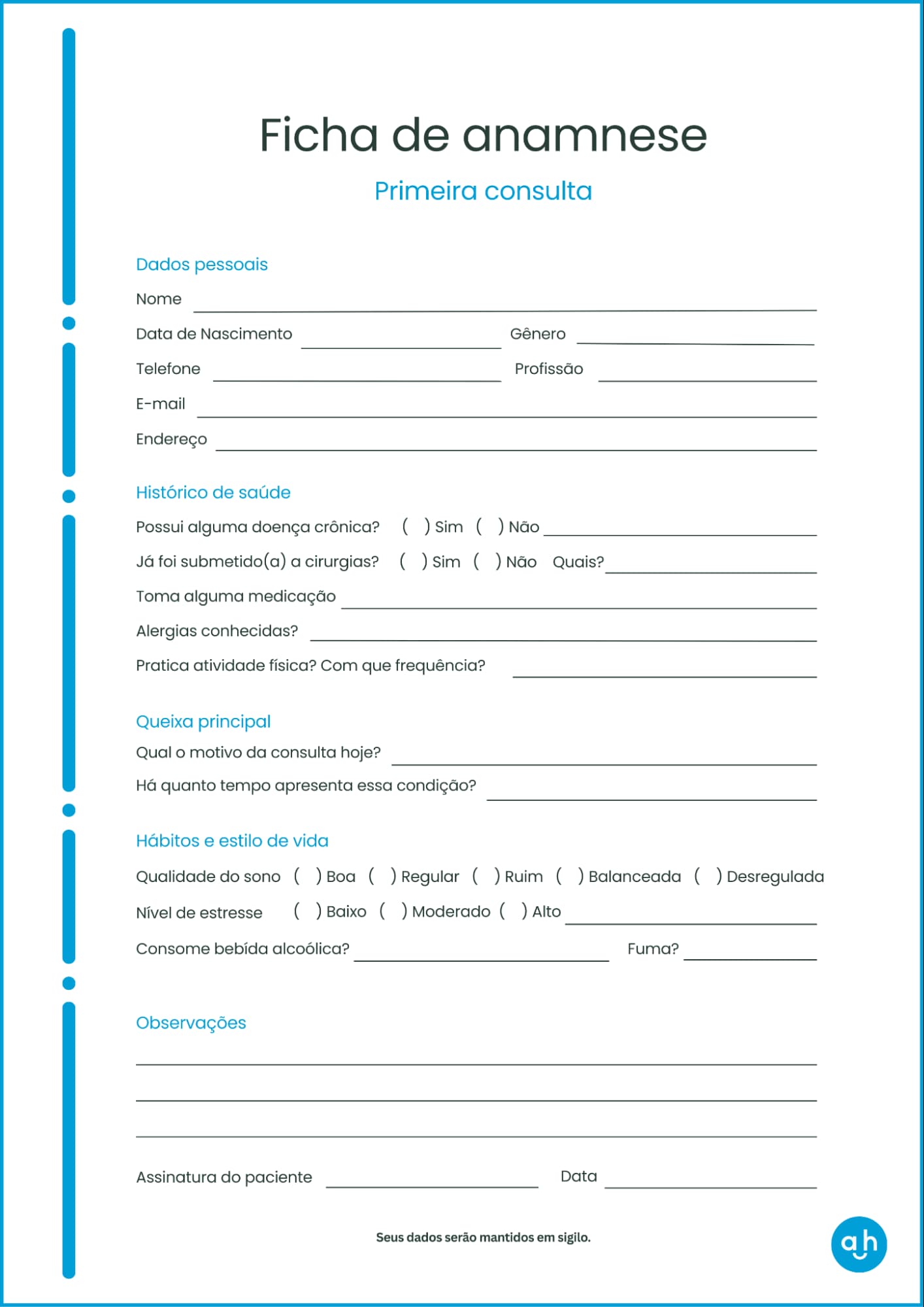 Modelo de ficha de anamnese gratuito disponibilizado pela Ana Health.
