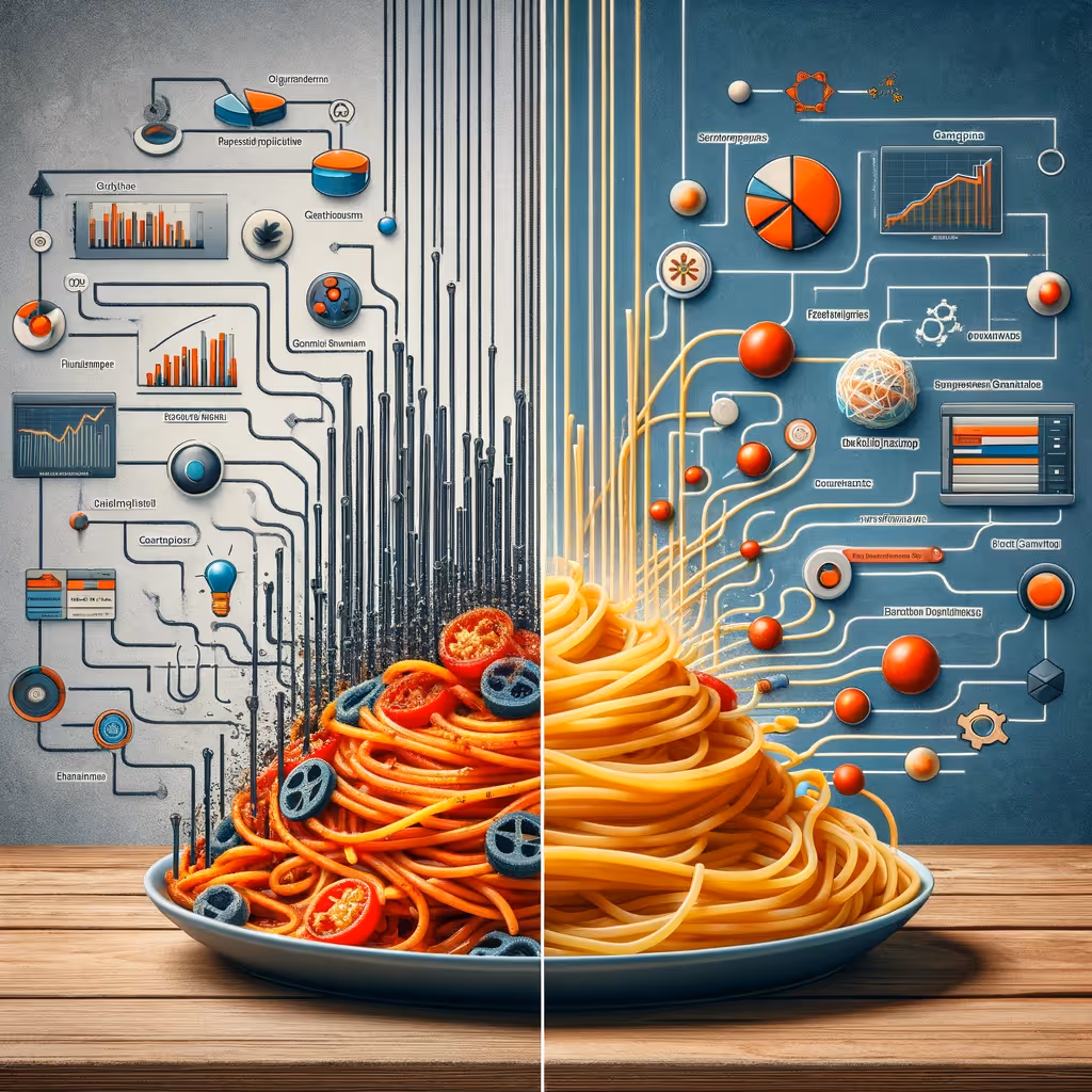 Espaguetis en un plato con iconos de KPI.