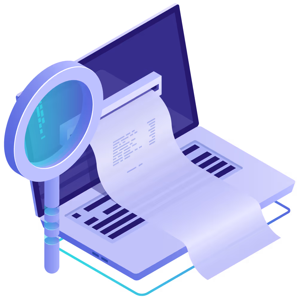 A laptop printing an invoice and a magnifying glass