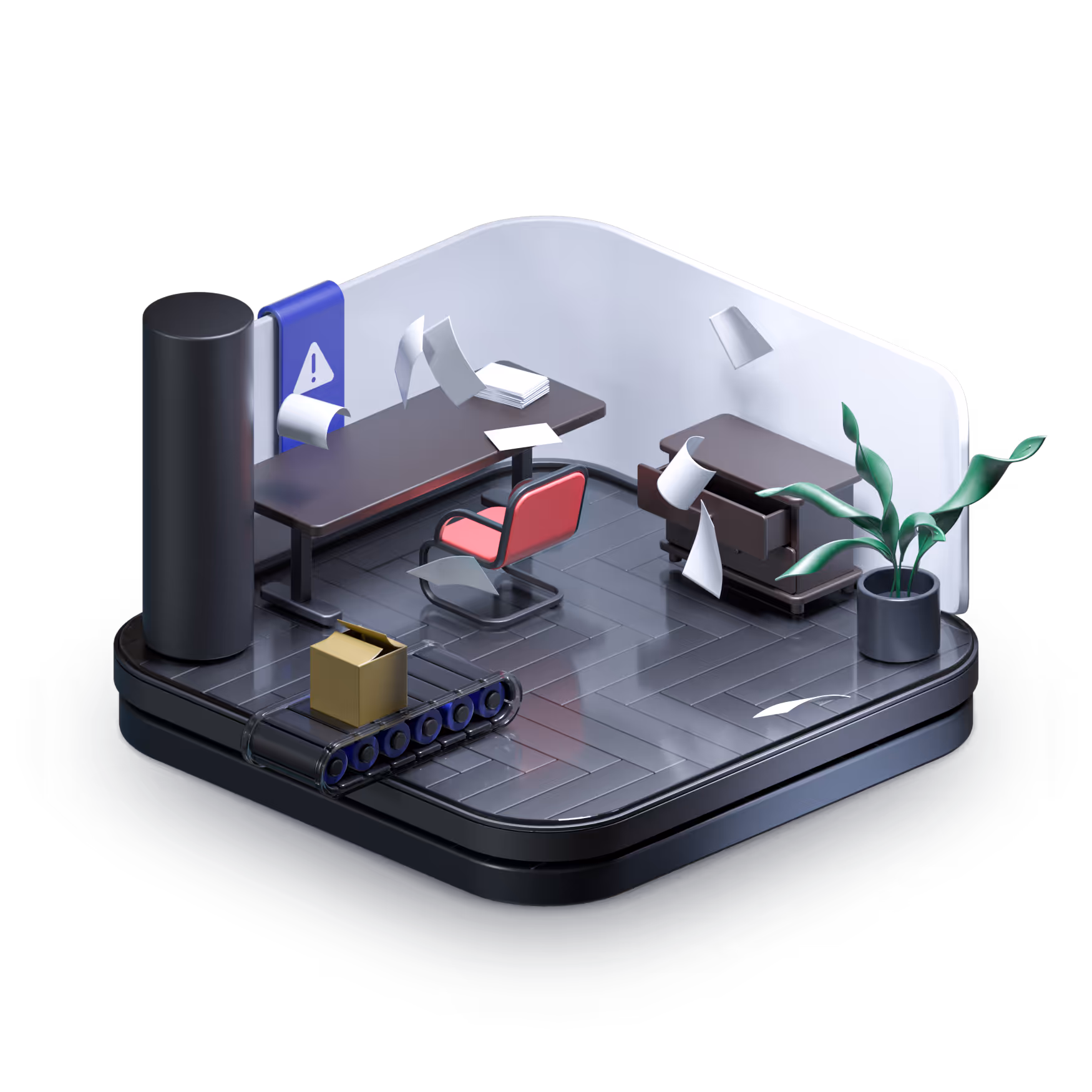An untidy room with pieces of paper flying around.