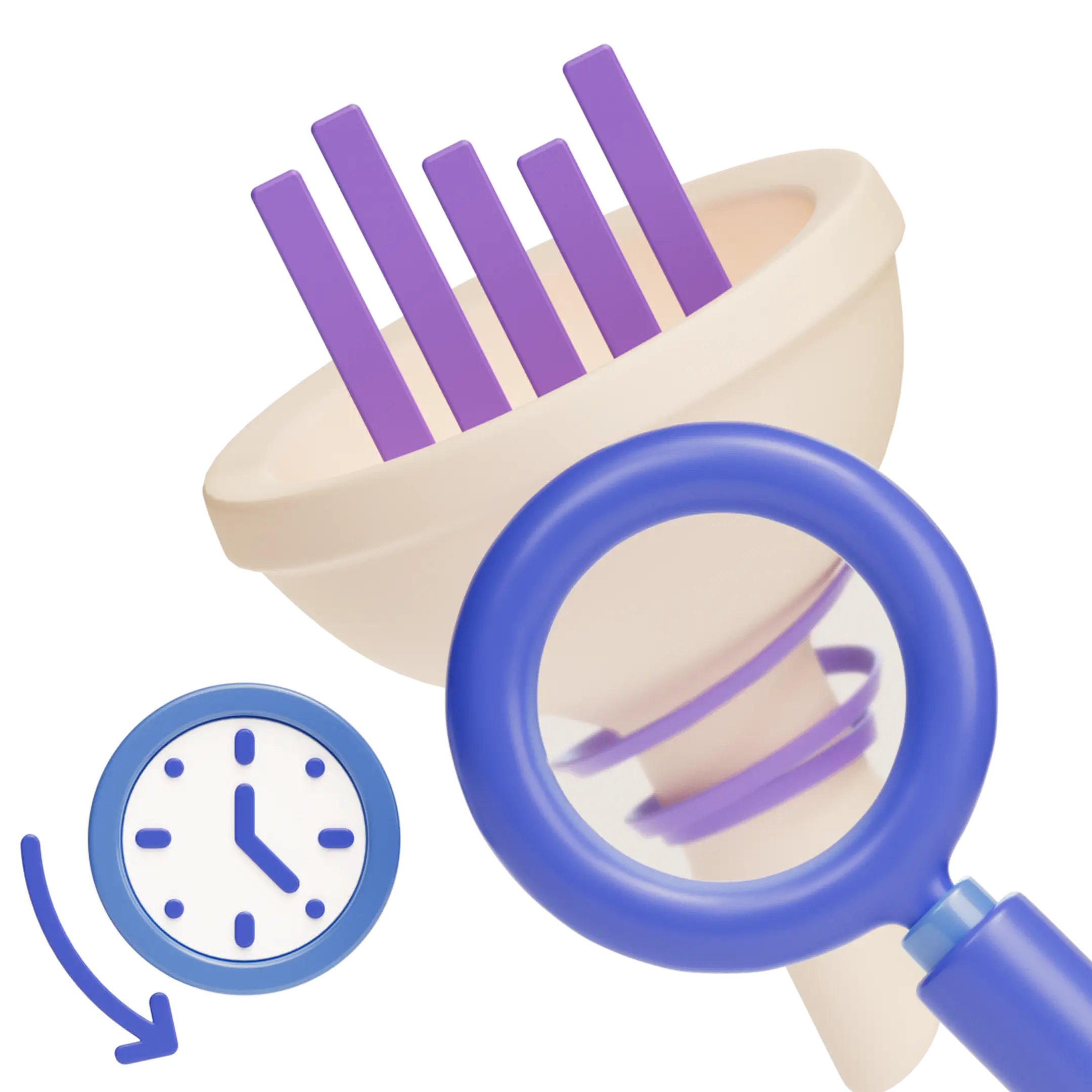 A magnifying glass in front of a funnel and a clock.