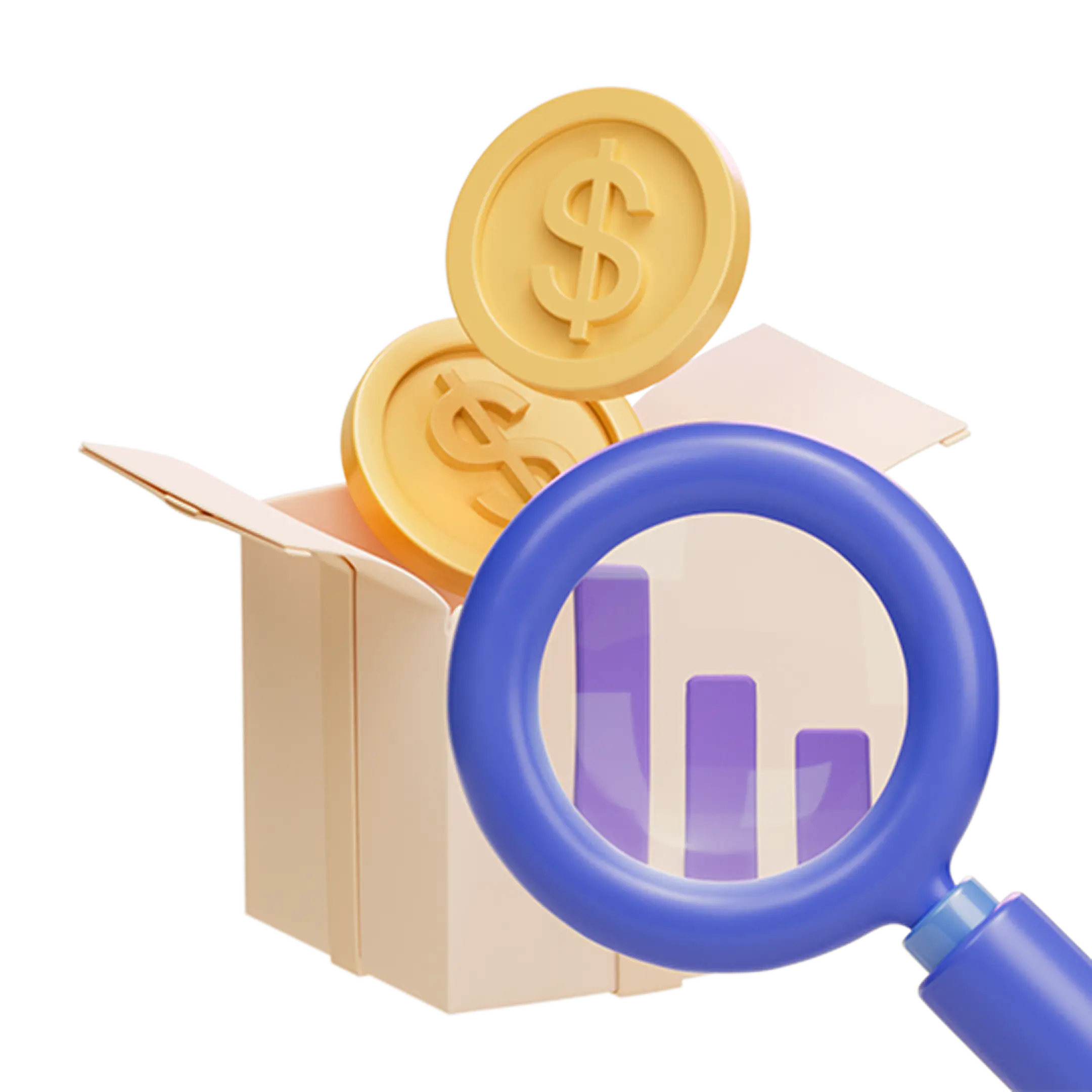 A box with coins and a magnifying glass showing bars.