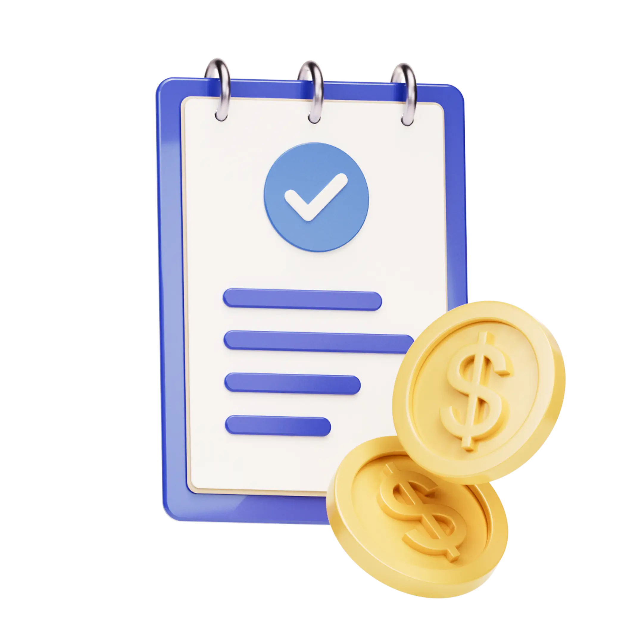 An check list with coins in the front.