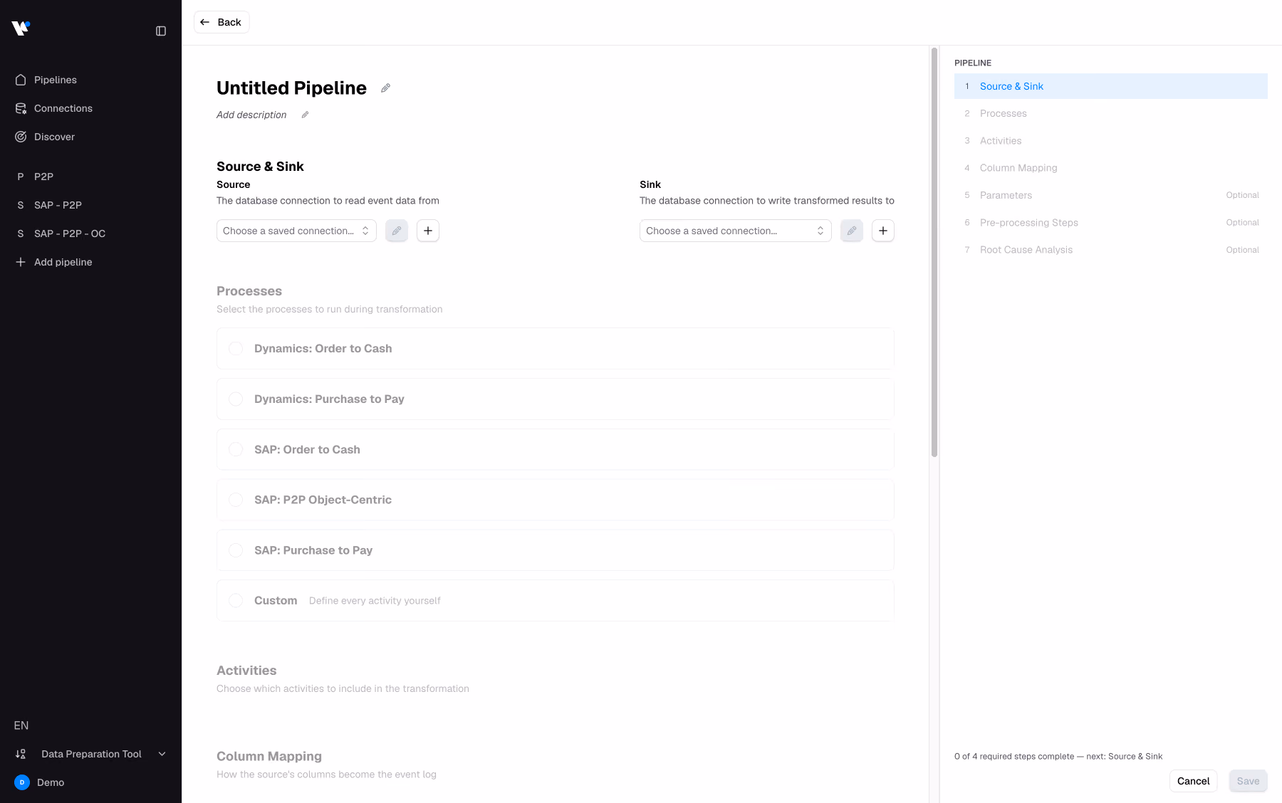 نموذج إنشاء مسار معالجة جديد في Data Preparation Tool مع اختيار عمليات مُعرّفة مسبقًا