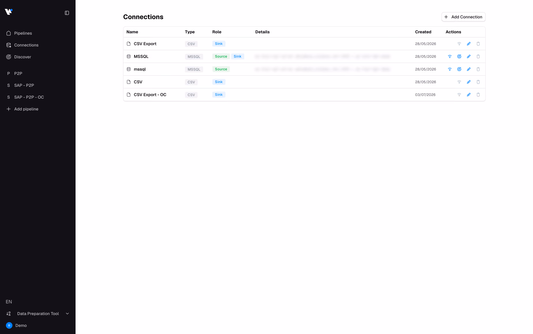 نظرة عامة على الاتصالات المُعدة بأنظمة المصدر والوجهة في Data Preparation Tool