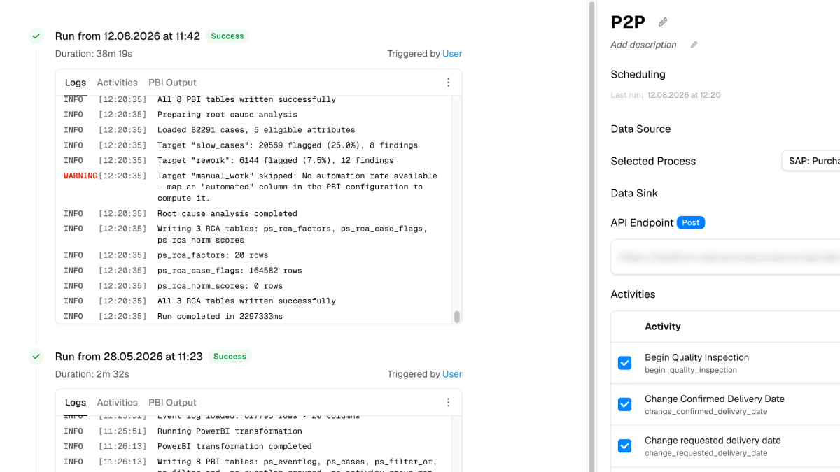 سجل أحداث مُثرى من Data Preparation Tool، يتضمن الحالة والنشاط والطابع الزمني إضافة إلى زمن المعالجة والنسخة والتكاليف