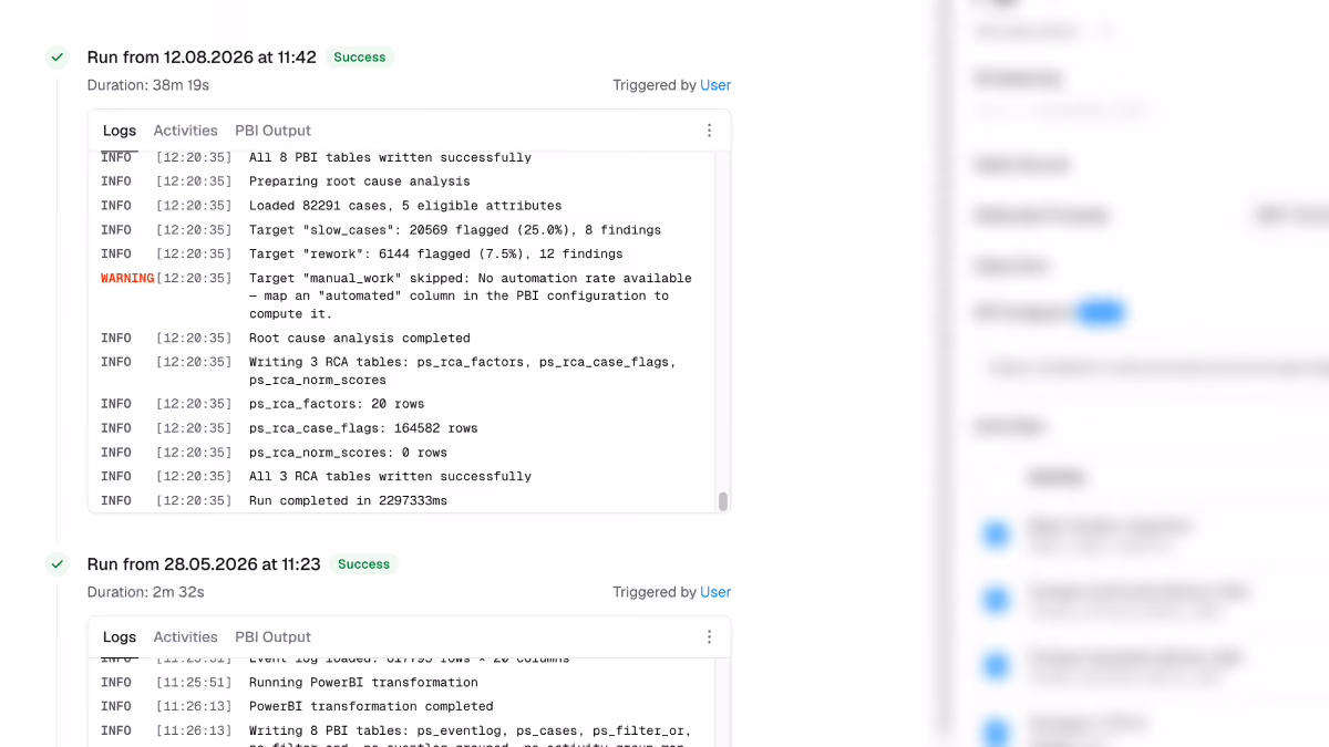 سجل عمليات التشغيل في Data Preparation Tool مع عدد الأحداث ومدة كل نشاط