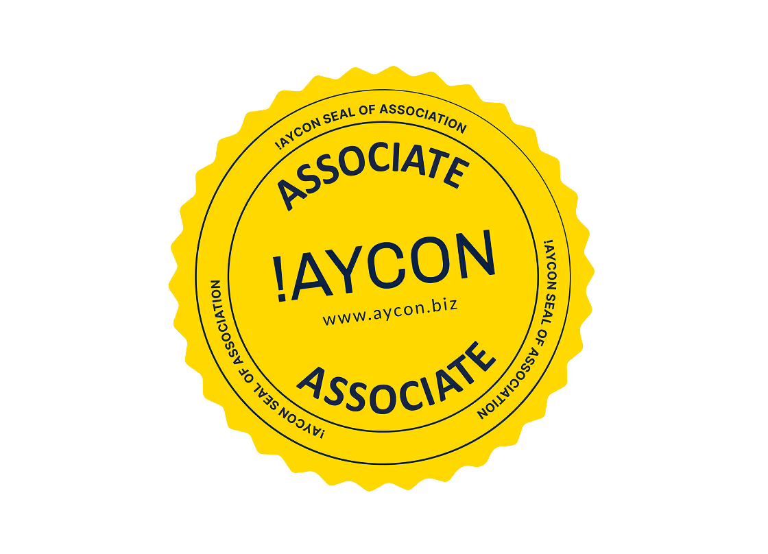 Yellow circular seal with text 'ASSOCIATE !AYCON' and website www.aycon.biz on black background.