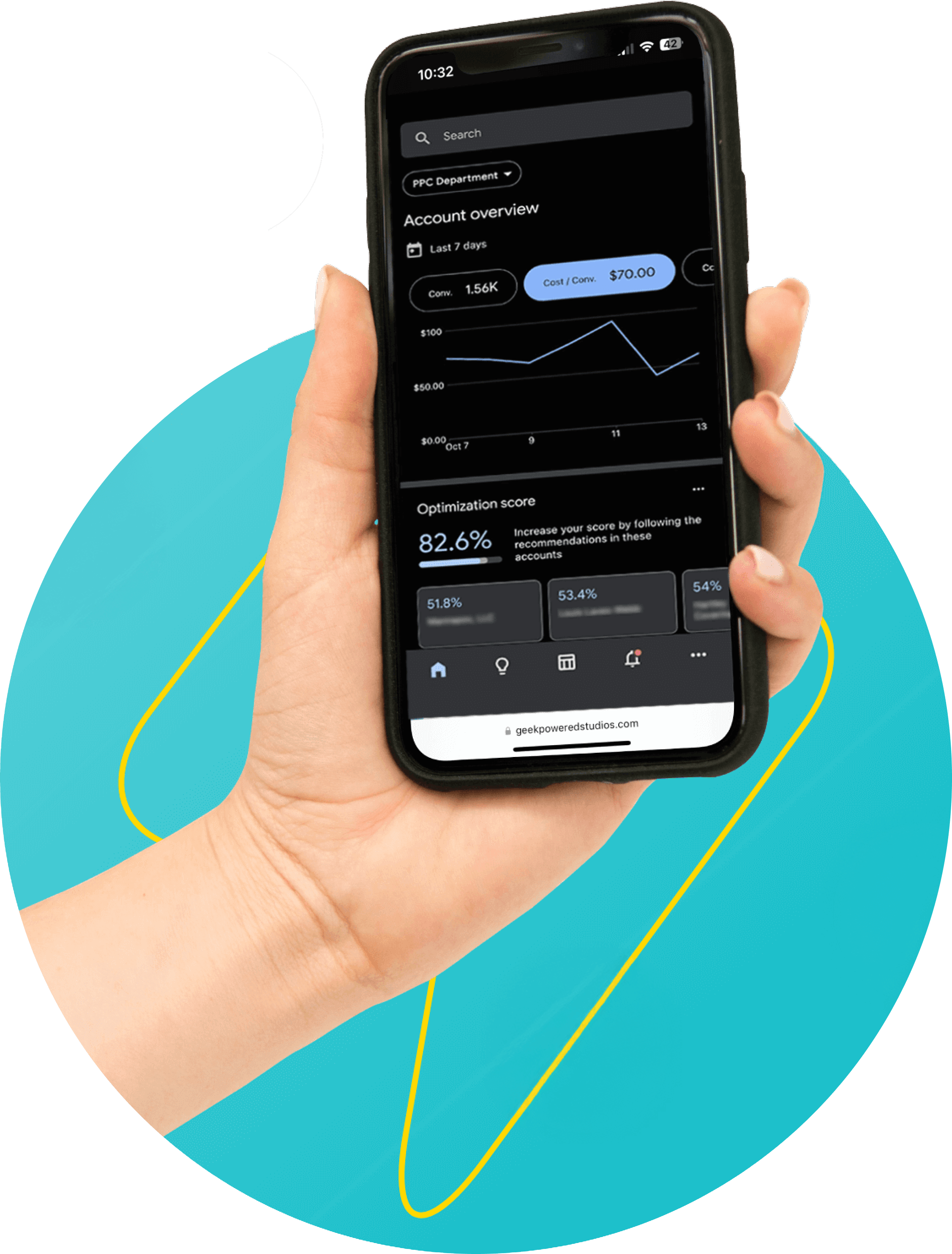 Close-up of a person’s hands holding a smartphone displaying a pay-per-click (PPC) ad interface with data charts and a red “Click” button surrounded by currency icons.