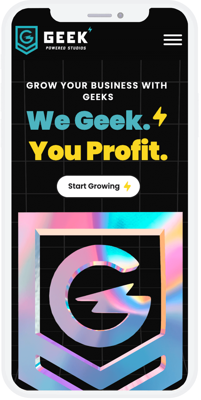 Geek Powered Studios website homepage displaying a tech company's slogan "We Geek. You Profit." with colorful graphics and logo.
