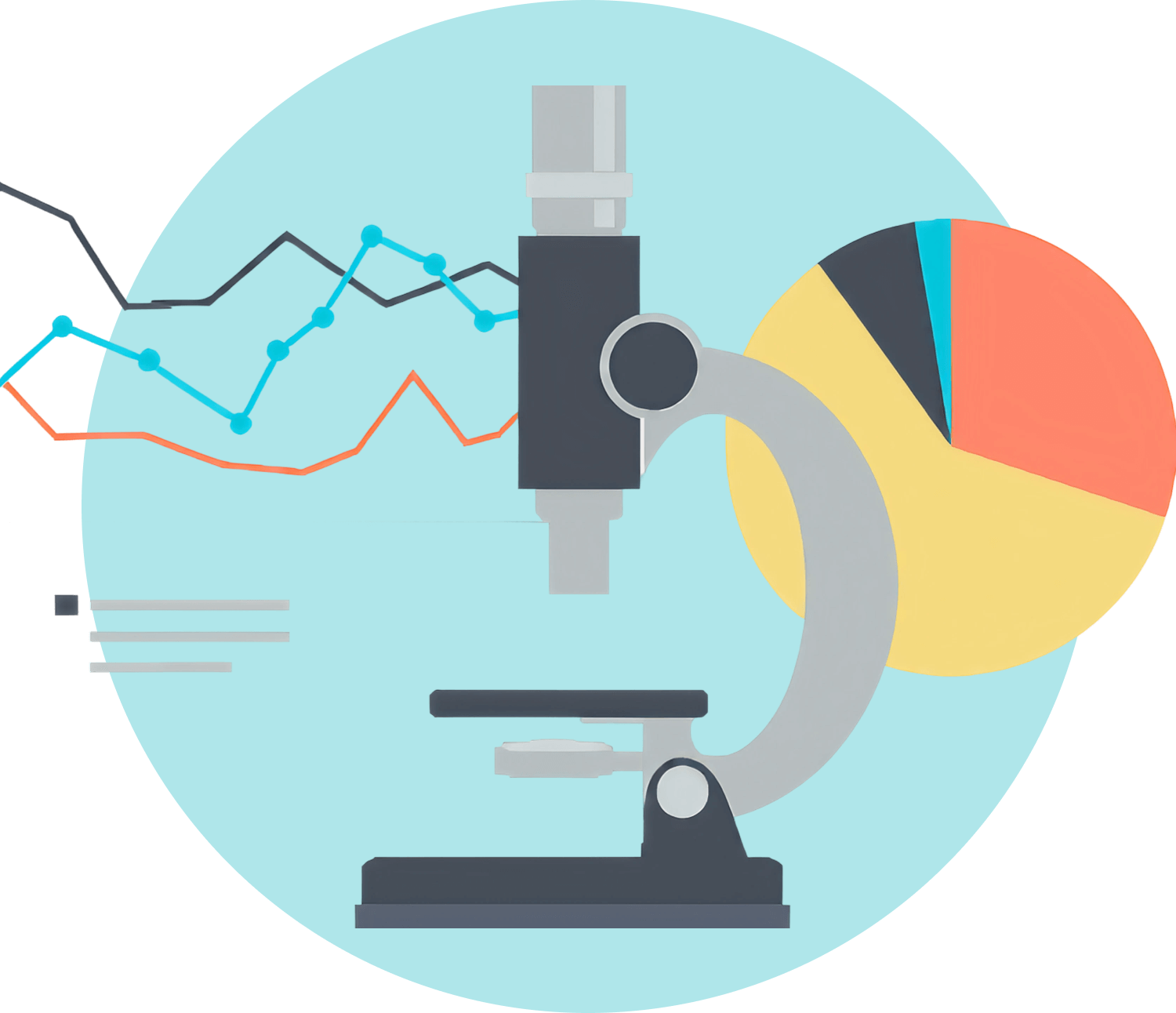 Illustration of a microscope with data graphs and pie chart, symbolizing SEO research and analysis.