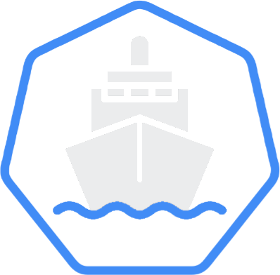 Abstract graphic of the bow-on view of a naval corvette inside a blue heptagon