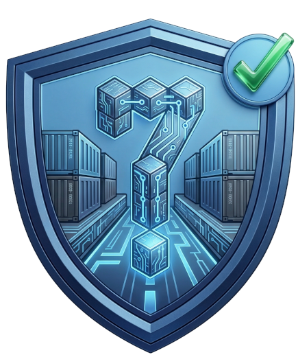 A blue shield whose interior depicts stacks of containers with the number 7 and a lane along the centerline.