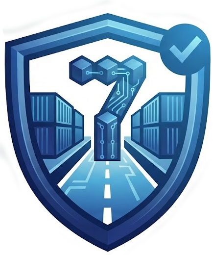 A blue shield whose interior depicts stacks of containers with the number 7 and a lane along the centerline.