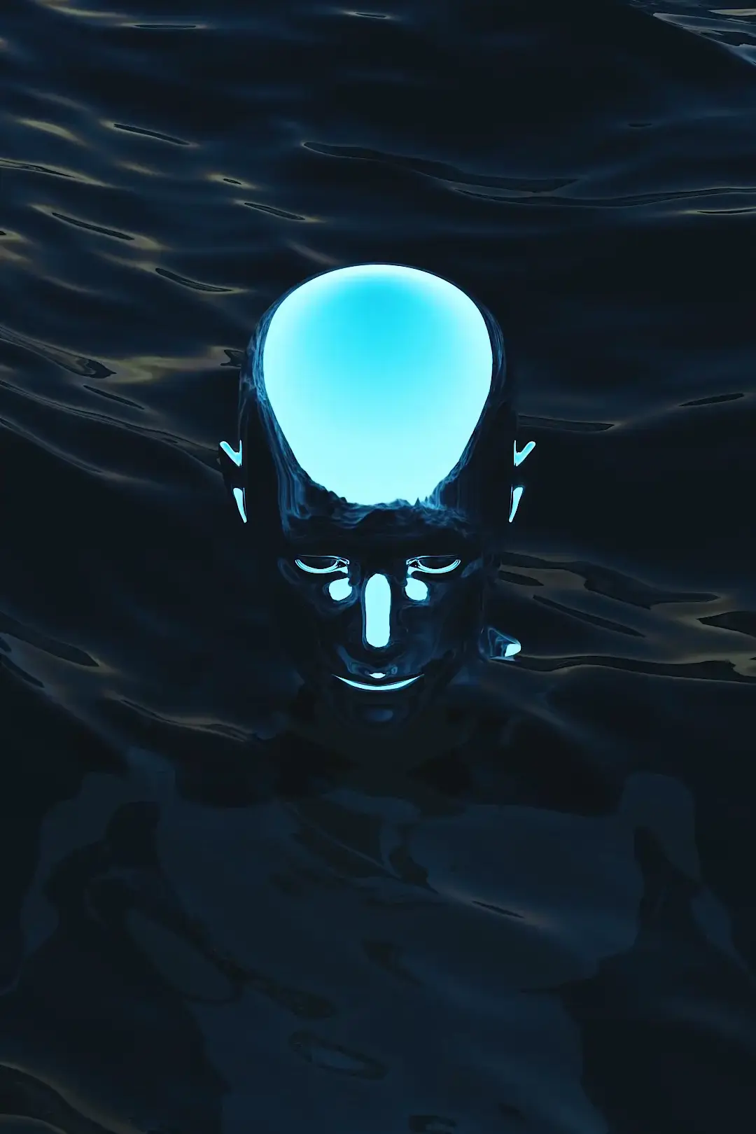 Blått futuristiskt huvud som flyter i mörkt vatten med reflektioner.