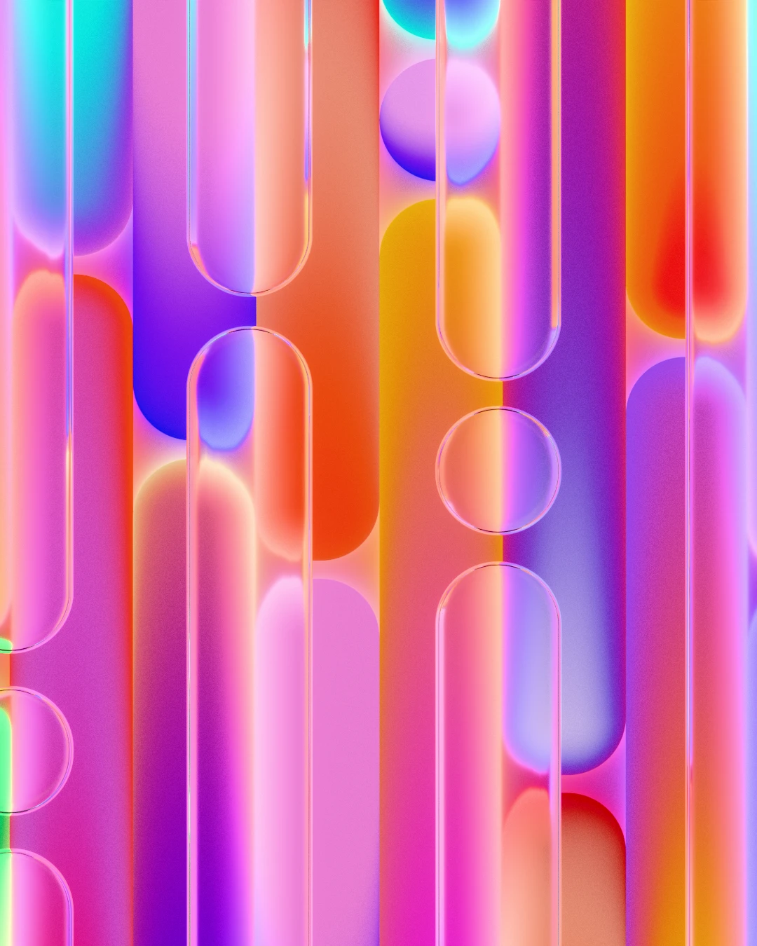 Färgglatt abstrakt mönster med vertikala glasrör och mjuka, rundade former i nyanser av rosa, lila, orange och blått.