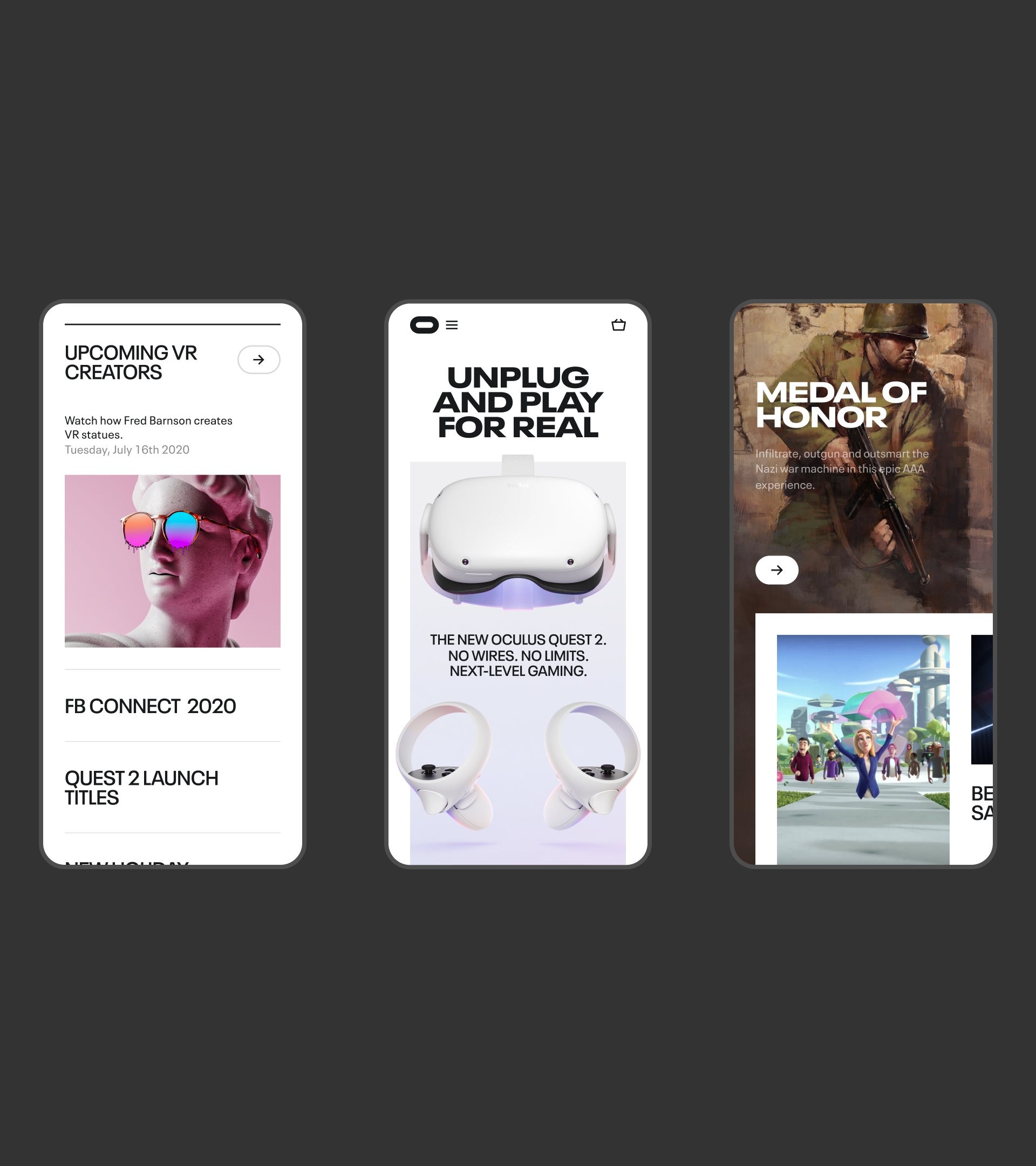 Three phones showing Oculus website