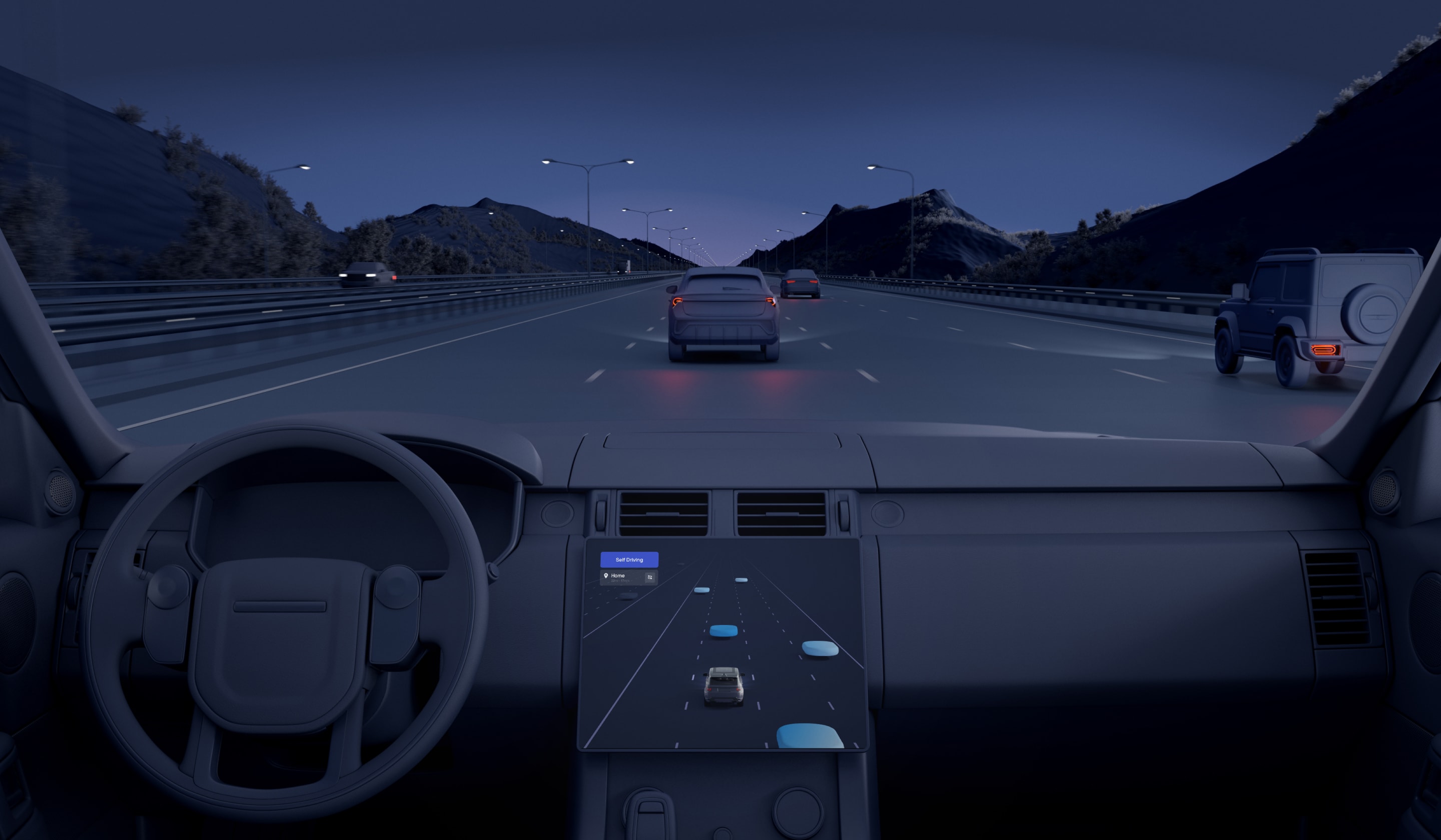 Inside of a car looking out on the road at night lit up dashboard showing car is self-driving