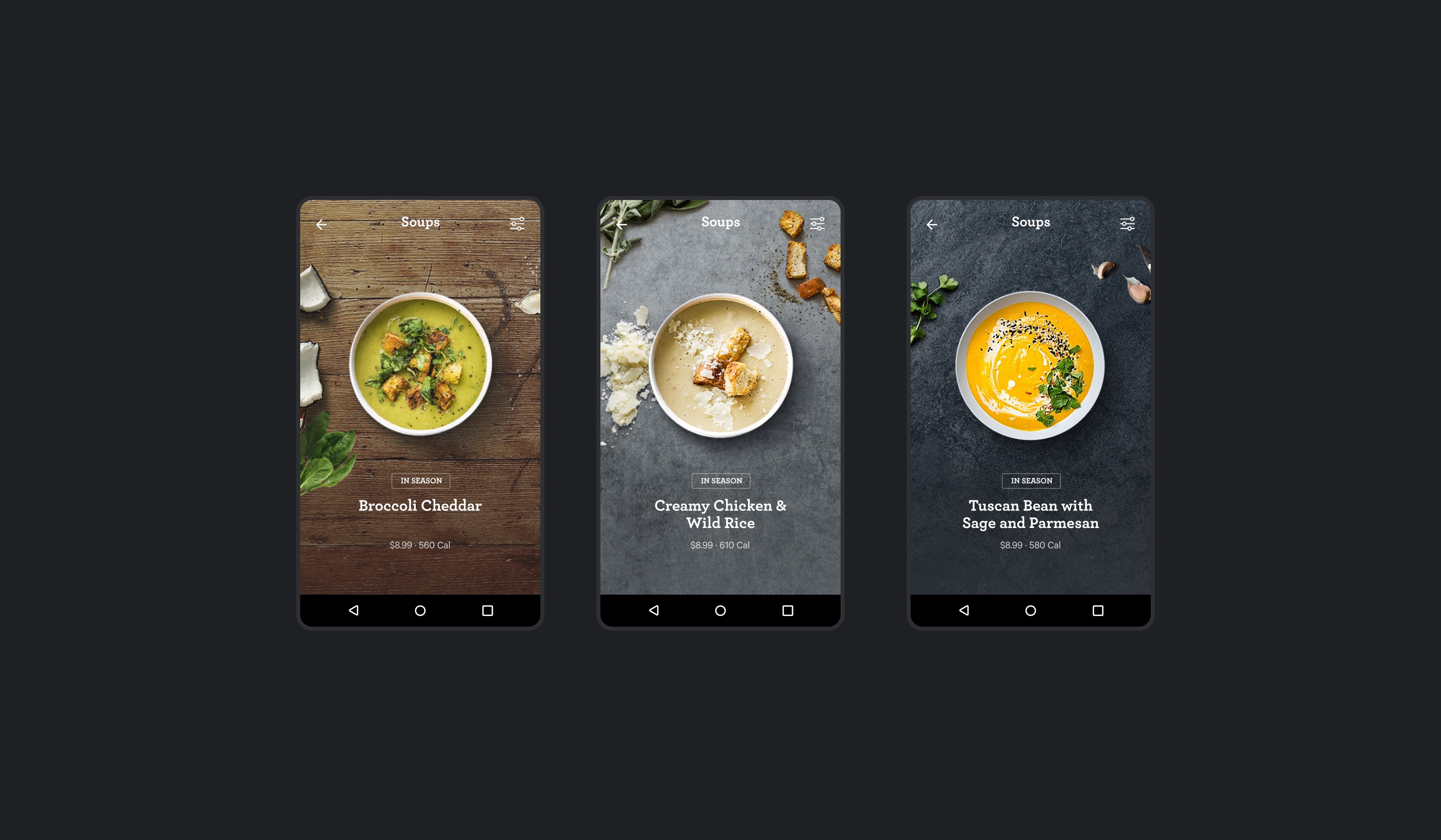 Three phones showing Panera app