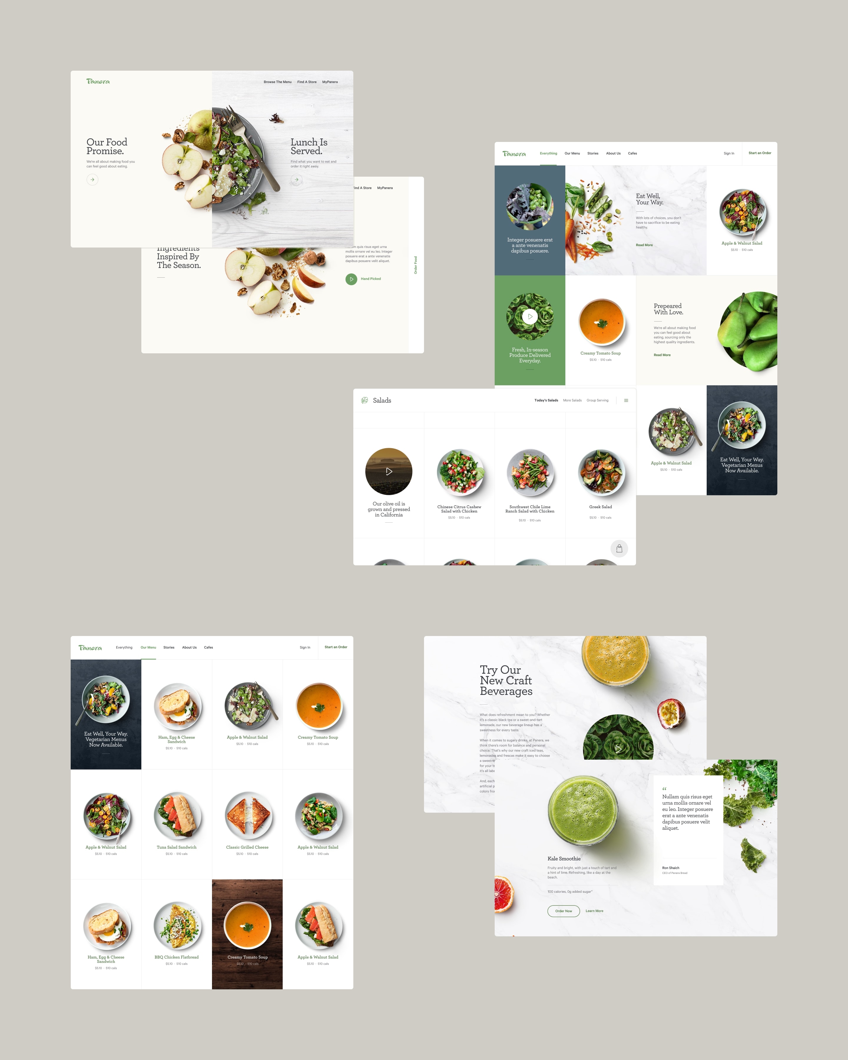 Overview of multiple screens showing the Panera website