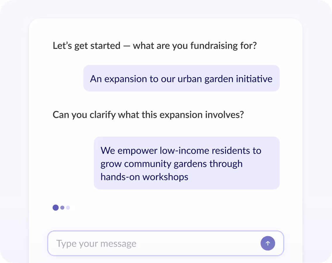 Chat interface showing a fundraising conversation about expanding an urban garden initiative with workshops for low-income residents.