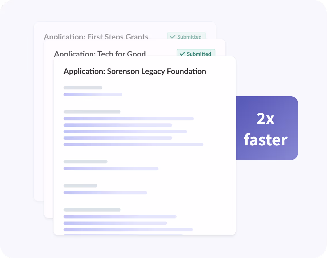 Stacked application forms with titles and submission status alongside a label reading '2x faster'.