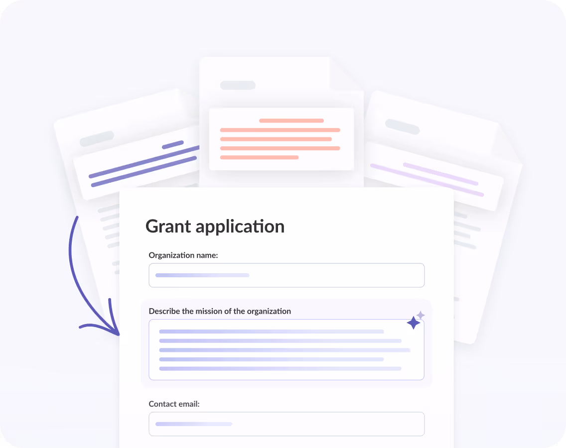 Illustration of a grant application form with fields for organization name, mission description, and contact email, with documents and an arrow in the background.