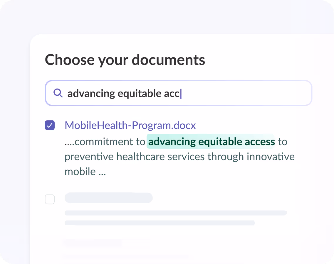 Document search interface showing typed query 'advancing equitable acc' and a selected result highlighting the phrase 'advancing equitable access' in a MobileHealth-Program.docx file snippet.