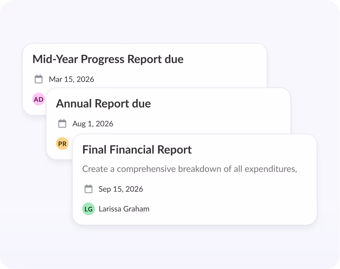 Three overlapping task cards labeled Mid-Year Progress Report due Mar 15, 2026, Annual Report due Aug 1, 2026, and Final Financial Report due Sep 15, 2026 assigned to Larissa Graham.