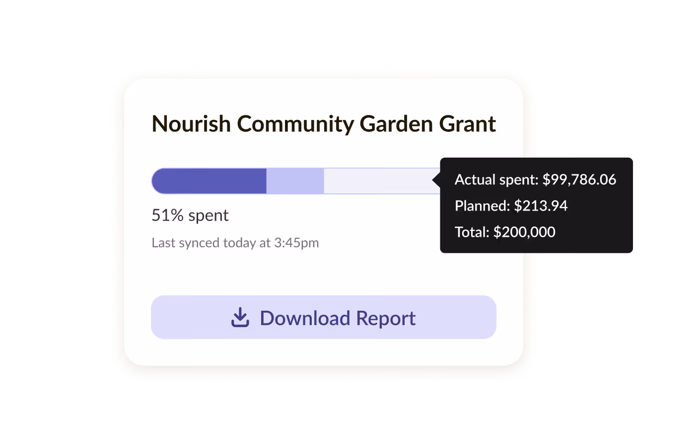 Nourish Community Garden Grant progress bar showing 51% spent, with actual spent $99,786.06, planned $213.94, total $200,000, and a Download Report button.