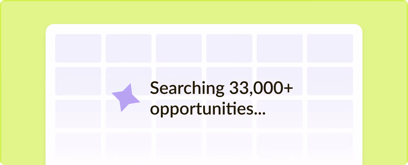 Text reading 'Searching 33,000+ opportunities...' on a purple star with a faded grid background.