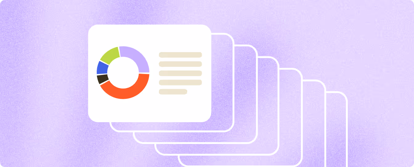 Stack of digital cards with a colorful donut chart and text lines on the top card on a purple background.