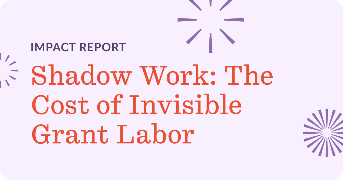 Impact report titled Shadow Work: The Cost of Invisible Grant Labor with purple decorative sunburst shapes.
