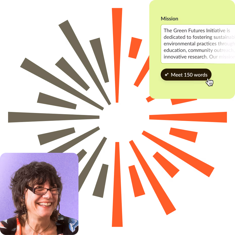 Colorful radial chart behind a smiling woman with glasses and a text box about a green futures mission.
